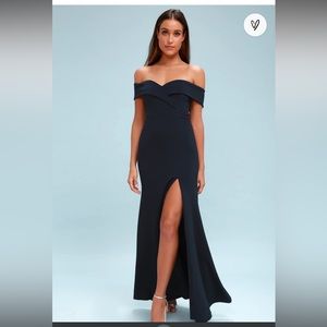 Navy blue off the shoulder gown